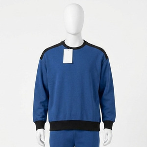 Sweat-shirt épais pour homme avec empiècement contrastant noir, épaules tombantes, ourlet côtelé contrastant et col rond - Product Image 3