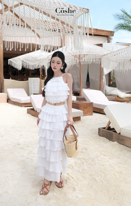 ชุดเซ็ตฤดูร้อนสไตล์หวานแบบลำลอง รุ่น RTS Coshe Vivien ประกอบด้วยเสื้อครอปสายเดี่ยวแต่งลูกไม้ซ้อนชั้น และกระโปรงยาวทรงระบาย เหมาะสำหรับวันพักผ่อนที่ชายหาด - Product Image 6