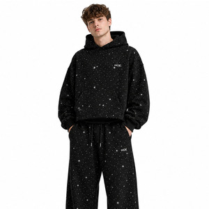 Sweatshirts à capuche et Joggers pour hommes, personnalisés, de luxe, à strass, coupe oversize, en molleton épais, style boxy, scintillants, coupe ample et baggy, vente en gros - Product Image 4