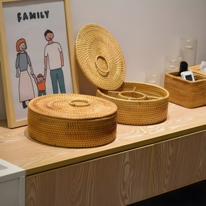 Tea accessories handmade <b>round</b> caddy <b>box</b> top quality natural rattan storage boxes with lids - Product Image 6