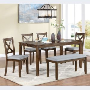 Set da Pranzo 6 Pezzi: Tavolo Rettangolare in Legno con 4 Sedie Imbottite e Panca per 6 Persone, Elegante Set per Sala da Pranzo - Product Image 1