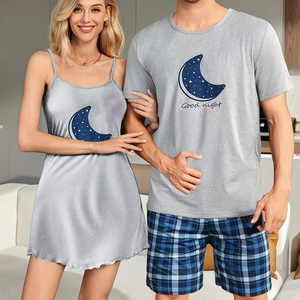 Men's/Women's Couple Style Printed Short Sleeve 100% Cotton Eco-Friendly Breathable Plaid Shorts Set Women's Printed Camisole - Product Image 1