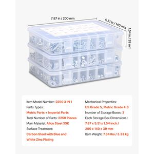 Kit Assortito di 2250 Bulloni per Mobili, Viti Metriche e Imperiali, Rondelle Piatte M3-M6 M8 in Acciaio Legato - Product Image 4