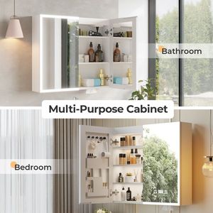 Armadietto a Specchio LED FCH 32*28 Pollici in Truciolato Bianco con Cornice in Acrilico, Doppie Ante e 7 Ripiani, con Display Ora e Temperatura - Product Image 5