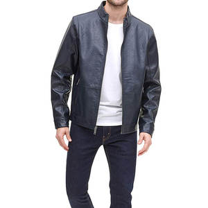 Men's Black PU Leather Moto <b>Jacket</b> Stand Collar Zipper Closure <b>Slim</b> <b>Fit</b> Regular Length Solid Color Autumn Wear - Product Image 1