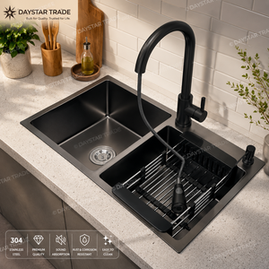 DAYSTAR TRADE Nano Black <b>Brushed</b> Handmade Rectangular Double Undermount 304 Stainless Steel Kitchen Sink Drainboard Modern - Product Image 2