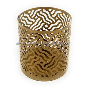 Round Metal <b>Lantern</b> With Wave Cutout Design <b>Gold</b> Finish Heat Resistant Home Decoration Votive Candle Holder - Product Image 1