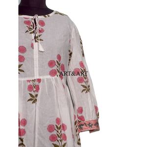 Robe trapèze vintage bohème pour femme, longueur genou, tricotée 100 % coton, manches trois-quarts, imprimé floral, faite à la main, pour les vacances, naturelle - Product Image 3