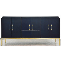 Meuble de rangement bleu en bois à 4 portes, style Mid-Century Modern, avec pieds en fer, idéal pour salon, bar à domicile ou hôtel, fait main