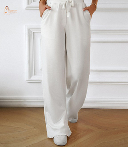 Pantalon droit décontracté en toile pour femme, taille élastique, couleur unie, style automne, avec lacets et poches - Product Image 3