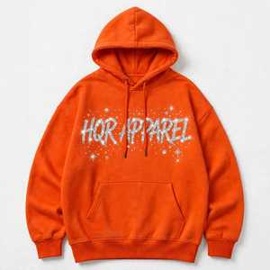 <b>Orange</b> Rhinestone Unisex Regular Fit 100% Cotton Anti-Pilling Fleece <b>Hoodie</b> Streetwear Front Logo Design - Product Image 1