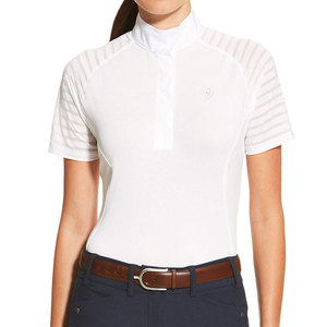 Chemise d'équitation pour femmes, blanche, tricotée, à manches courtes, respirante, col haut, fermeture boutonnée, couleur unie - Product Image 1