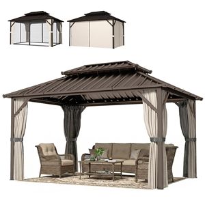 Gazebo 10x14 Marrone con Tetto Rigido in Acciaio Zincato Doppio, Struttura Permanente con Telaio in Alluminio - Product Image 1