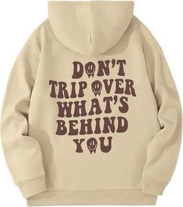 Sweat-shirt à capuche beige pour homme, imprimé avec une citation inspirante, logo au dos, décontracté, en coton tricoté, coupe classique, pour l'automne - Product Image 1