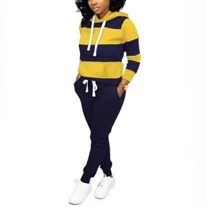 High Quality <b>Women</b> Casual Hooded Tracksuit Set Striped Long Sleeve Top And Solid Drawstring <b>Pants</b> 2 Piece Outfit - Product Image 5