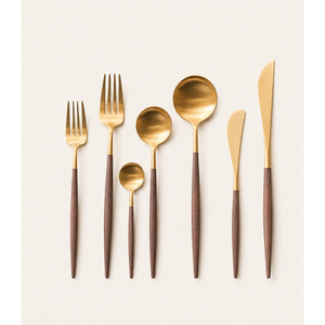 Luxury Matte <b>Gold</b> <b>Cutlery</b> <b>Set</b> 18/10 Stainless Steel Wood Handle Mirror Polish Wedding Party Custom Logo Eco-Friendly Modern - Product Image 1