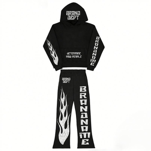 Ensemble sweat-shirt et pantalon de survêtement évasé vintage style streetwear rétro, avec logo brodé personnalisé en patchwork, pour équipes professionnelles - Product Image 2