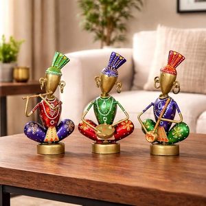 Ensemble de 3 figurines de musiciens du Rajasthan en métal faites à la main, décoratives et colorées, pour la maison, cadeau culturel - Product Image 4