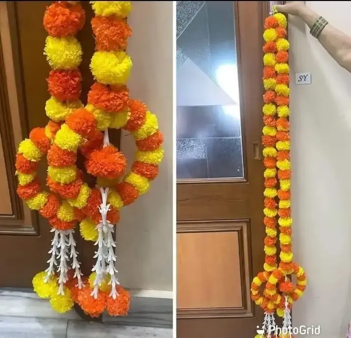 Belles guirlandes de fleurs de souci faites à la main avec anneau Marigold Guirlandes de décoration de mariage indien pour Diwali, décor de réchauffement de la maison