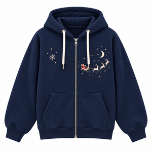 Sudadera con capucha de lana polar para mujer, azul marino, con cremallera, bordado de animales, trineo de Papá Noel, reno y copo de nieve, informal, para Navidad e invierno - Product Image 2