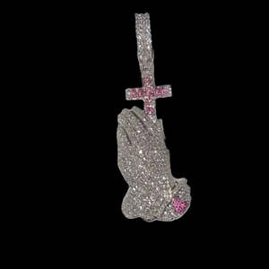 RB Gems Solid 925 Sterling Silver <b>Iced</b>-<b>Out</b> VVS Moissanite Praying Hands Pendant Hip-Hop Cross Charm Rose Gold Pink Accent <b>Chains</b> - Product Image 3