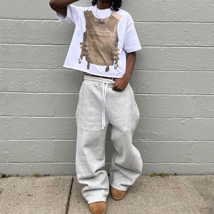 Pantalones de chándal a rayas con logo bordado personalizado 2026 y pantalones casuales o de estilo urbano acampanados de pierna ancha de algodón oversize holgados - Product Image 5