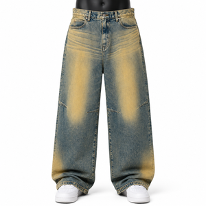 Pantalones vaqueros anchos de hombre, lavado arena, cintura alta, corte holgado, estilo casual urbano, de algodón, con cierre de botones, peso medio, para otoño - Product Image 1