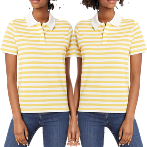 Polo à manches courtes rayé jaune et blanc pour femme, haut décontracté en coton tricoté - Product Image 6