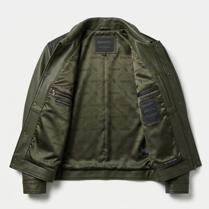 Veste de camionneur pour homme en cuir véritable vert olive et noir contrastant, avec boutons-pression, poches zippées, doublure imprimée, vêtement d'extérieur - Product Image 5