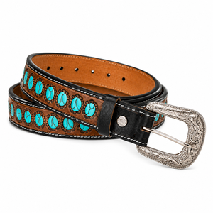 Cinturón de Cuero Occidental Premium para Hombre, con Incrustaciones de Piedras Turquesa y Hebilla Grabada, para Uso Casual - Product Image 2