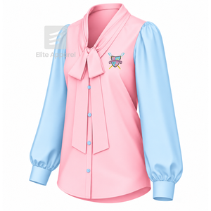 Blusa de satén de la hermandad Gamma Phi Delta con cuello de lazo y logotipo bordado, manga abullonada, azul cielo y rosa, blusa moderna para mujer - Product Image 2
