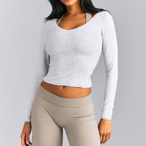 Camiseta Deportiva 2 en 1 para Mujer, Manga Larga, Diseño de Top Corto, Ajuste Holgado, Material Acanalado Transpirable, para Entrenamiento Informal - Product Image 1