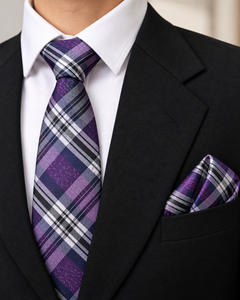 <b>Purple</b> Plaid Embroidered Luxury Polyester <b>Tie</b> for Men Formal Wedding Wear Durable Necktie with Matching Pocket Square - Product Image 1