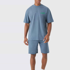 Ensemble T-shirt et short respirant en coton uni pour homme, col montant, tissu tricoté, décontracté, délavé à l'acide, 250 GSM, 2 pièces, tenue d'été - Product Image 4