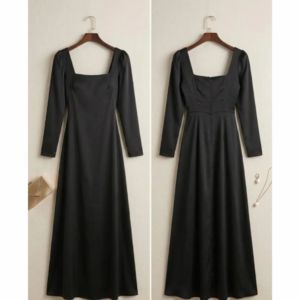 Vestido de noche de satén negro de lujo para mujer – Vestido de fiesta largo hasta el suelo con manga larga - Product Image 5