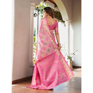 Sari Patola en organza rose Elite Weaves avec détails tissés Zari, robe de soirée élégante, 600g en stock - Product Image 4