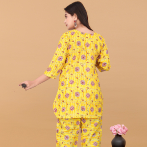 Elegant Yellow Print Poly Rayon Women Co ord Set Sustainable Round Neck Two Piece Outfit Casual Loose Fit Ladies Pant Suit Wear - Product Image 1