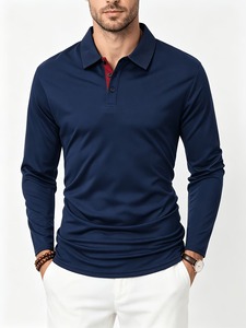 <b>Mens</b> Long Sleeve Polo <b>Shirt</b> Relaxed Fit Solid Color Ribbed Hem Soft Stretch Breathable Quick Dry Casual Style Regular Fit Button - Product Image 1