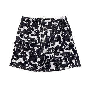 Shorts en toile de coton noir et blanc pour homme, taille mi-haute élastique, décontractés, sportifs, respirants - Product Image 1