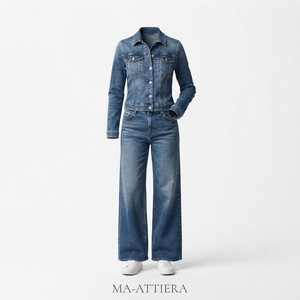 Combinaison en jean pour femme, tenue une pièce bleue, style veste ajustée à manches longues, pantalon large, streetwear - Product Image 3