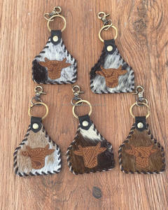 New Arrival Stylish Hair on Hide Leather Stitched <b>Key</b> <b>Fob</b> Hot Sale Genuine Leather Keyrings Unique Shape Leather Luxury Keychain - Product Image 3