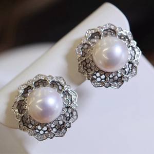 Boîte cadeau en or blanc 18 carats, perle naturelle vert paon, 9-8 mm, ronde, miroir brillant, huile, boucles d'oreilles complètes - Product Image 2