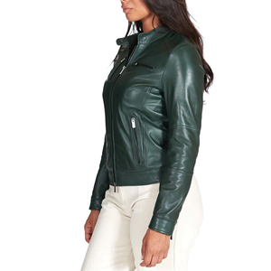 2026 High Quality Women's Green Genuine Leather Moto Jacket Stand Collar Full Sleeve <b>Zipper</b> Closure Windproof Autumn Wear - Product Image 4