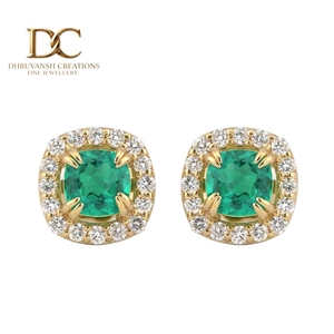 Pendientes de Oro Amarillo Sólido de 14 Quilates con Diamante Cultivado en Laboratorio y Esmeralda Colombiana, Corte Cojín, Joyería de Diseño para Mujer, Certificados por IGI - Product Image 1