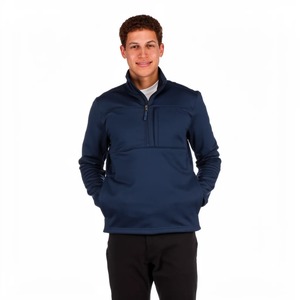 Men's Navy Blue Quarter Zip <b>Fleece</b> Pullover Regular Fit Casual <b>Jacket</b> with Front Pocket Stand Collar Autumn Wear - Product Image 4