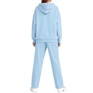 Conjunto Deportivo de 2 Piezas para Mujer, Sudadera con Capucha y Pantalones Azul Claro, Estilo Casual, Holgado, Color Sólido, 100% Algodón - Product Image 2