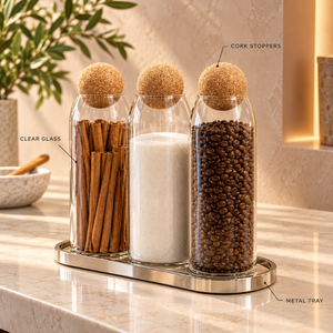 Glass Storage <b>Canister</b> <b>Set</b> with Natural Cork Stopper Lids and Silver Tone Tray | Contemporary Kitchen Spice and Pantry Organizer - Product Image 4
