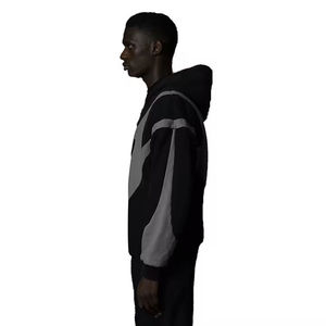 Sudadera con capucha gótica de estilo urbano personalizada al por mayor, de peso pesado, con panel de ondas abstractas, gris y negro, con cremallera - Product Image 3