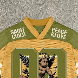 Trending Men's Vintage Saint Child Peace & Love Graphic V-Neck Boxy Mesh Jersey Tee Blokette Blokecore Chic Streetwear Fashion - Product Image 4