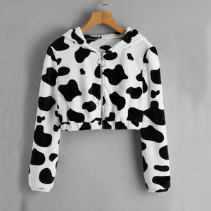 เสื้อครอปท็อปผู้หญิง เสื้อฮู้ดดี้สไตล์เกาหลี แจ็คเก็ตซิป ฮาราจูกุ แขนยาว ลายพิมพ์นม เสื้อสเวตเชิ้ต เสื้อคลุมลายวัว เสื้อยืด - Product Image 1